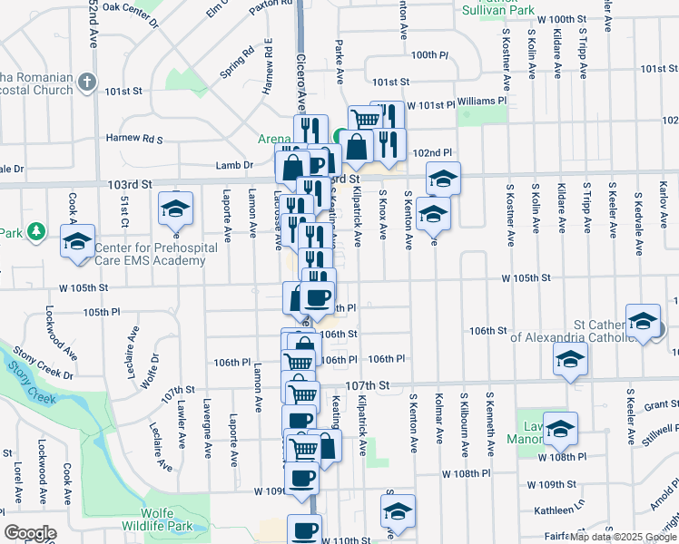 map of restaurants, bars, coffee shops, grocery stores, and more near 10416 Kilpatrick Avenue in Oak Lawn