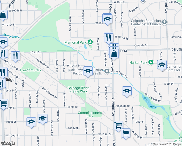 map of restaurants, bars, coffee shops, grocery stores, and more near 10333 Menard Avenue in Oak Lawn