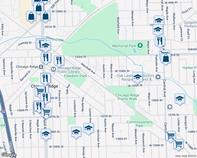 map of restaurants, bars, coffee shops, grocery stores, and more near 6024 Marshall Avenue in Chicago Ridge