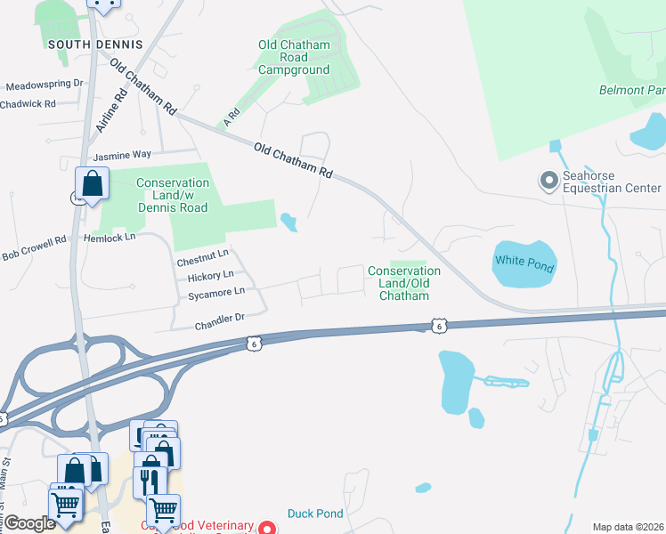 map of restaurants, bars, coffee shops, grocery stores, and more near 67 Cyprus Road in Dennis