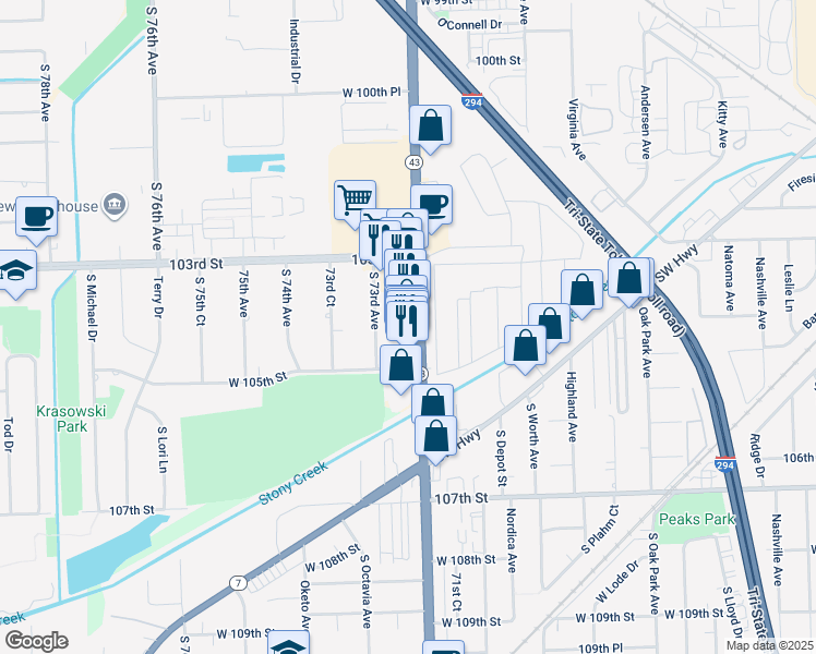 map of restaurants, bars, coffee shops, grocery stores, and more near 10344 South Harlem Avenue in Palos Hills