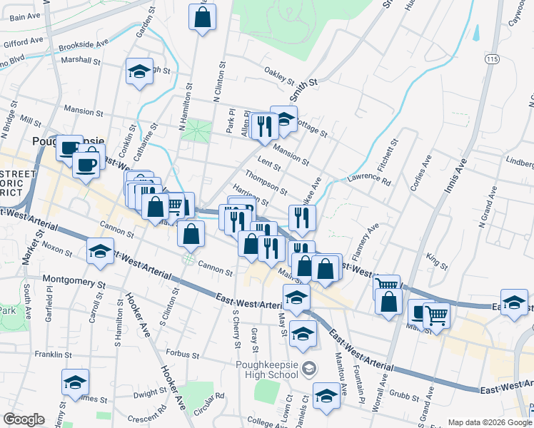 map of restaurants, bars, coffee shops, grocery stores, and more near 21 Harrison Street in Poughkeepsie