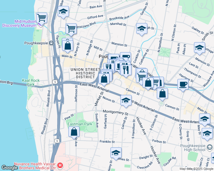 map of restaurants, bars, coffee shops, grocery stores, and more near 22 Market Street in Poughkeepsie
