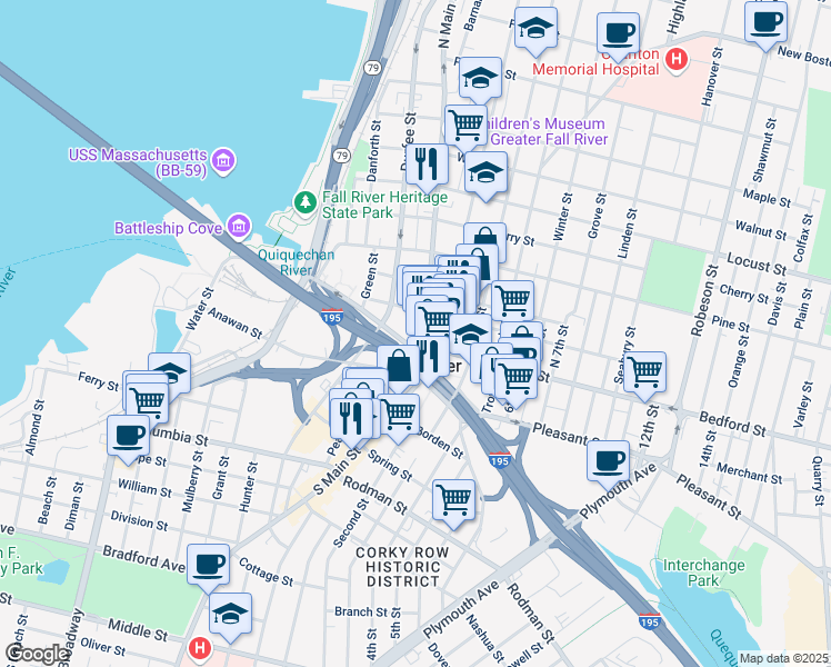 map of restaurants, bars, coffee shops, grocery stores, and more near 10 North Main Street in Fall River