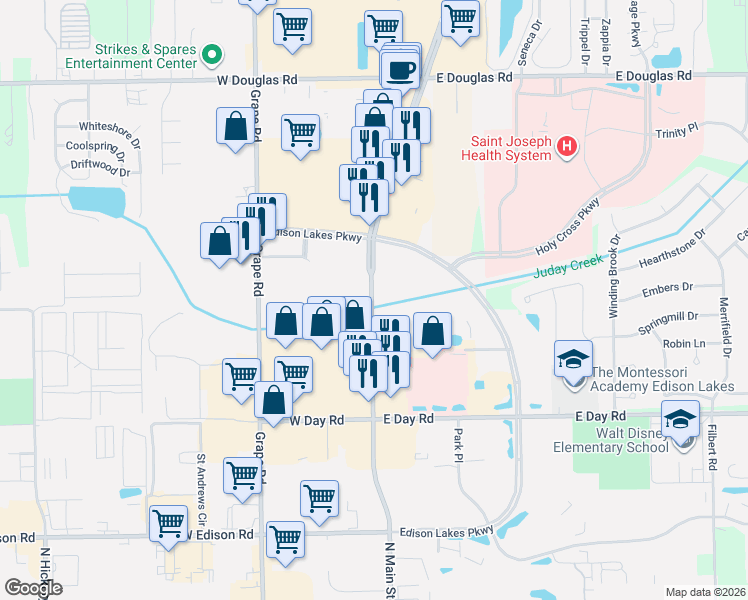 map of restaurants, bars, coffee shops, grocery stores, and more near 4715 North Main Street in Mishawaka