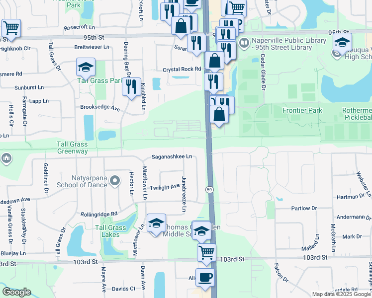 map of restaurants, bars, coffee shops, grocery stores, and more near 3045 Saganashkee Lane in Naperville