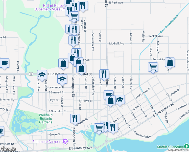 map of restaurants, bars, coffee shops, grocery stores, and more near 709 East Bristol Street in Elkhart