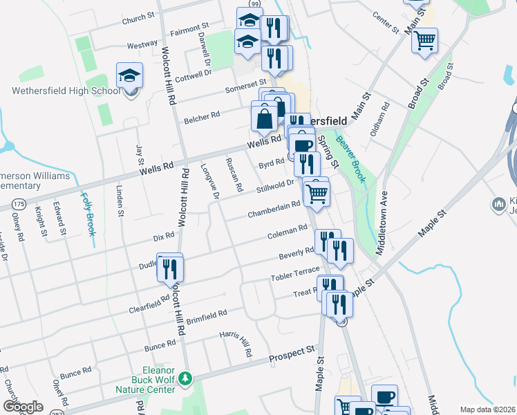map of restaurants, bars, coffee shops, grocery stores, and more near 54 Stillwold Drive in Wethersfield
