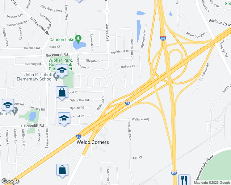 map of restaurants, bars, coffee shops, grocery stores, and more near 208 Janes Avenue in Bolingbrook
