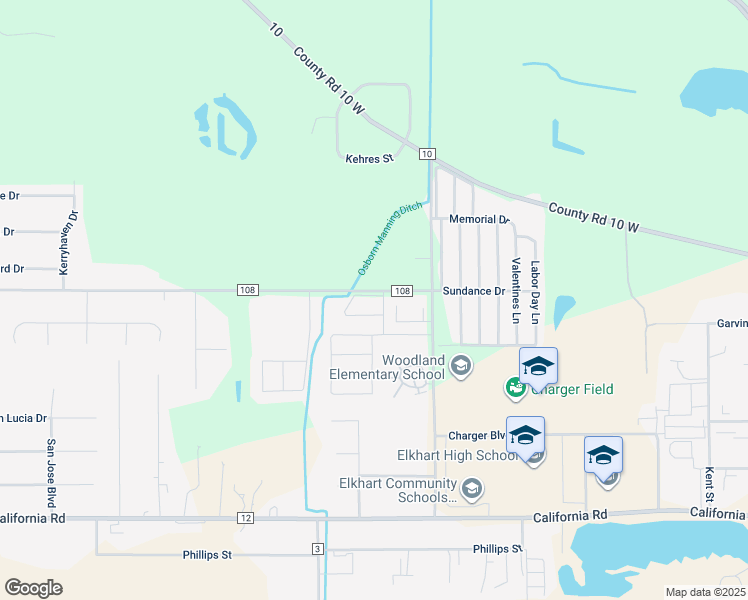 map of restaurants, bars, coffee shops, grocery stores, and more near 2911 Appletree Lane in Elkhart