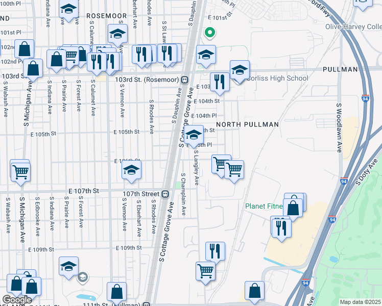 map of restaurants, bars, coffee shops, grocery stores, and more near 10538 South Langley Avenue in Chicago