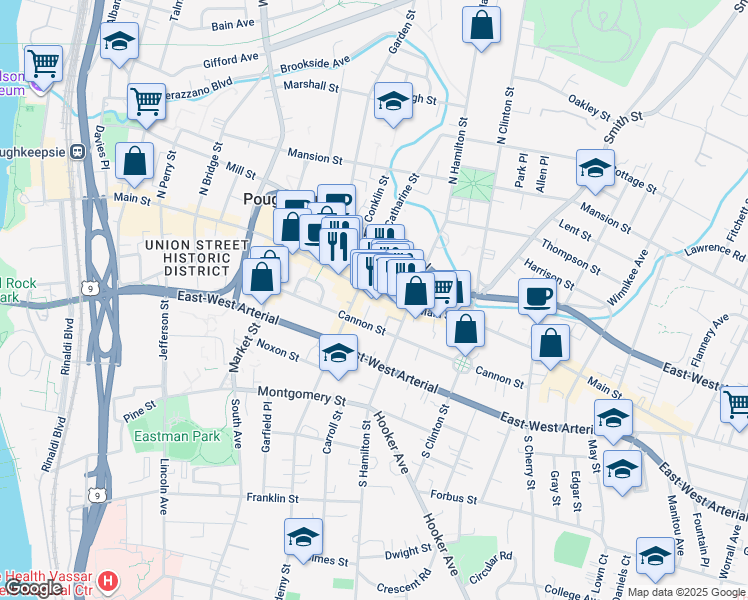 map of restaurants, bars, coffee shops, grocery stores, and more near 364 Main Street in Poughkeepsie