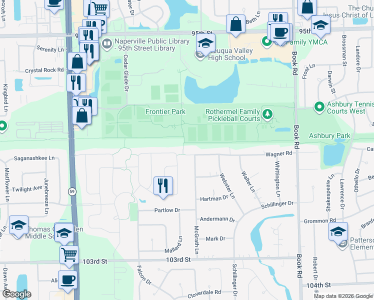 map of restaurants, bars, coffee shops, grocery stores, and more near 29W376 Wagner Road in Naperville