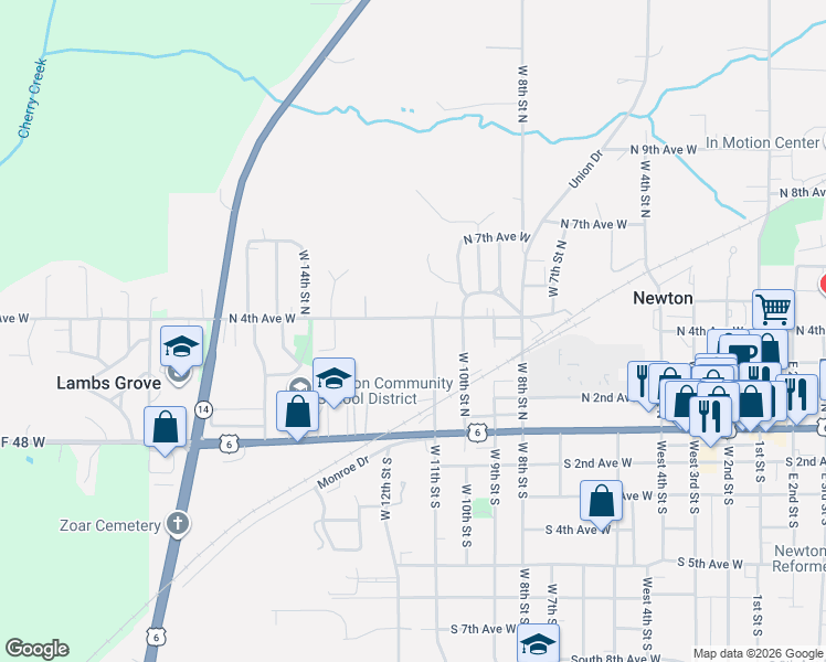 map of restaurants, bars, coffee shops, grocery stores, and more near 1120 North 4th Avenue West in Newton