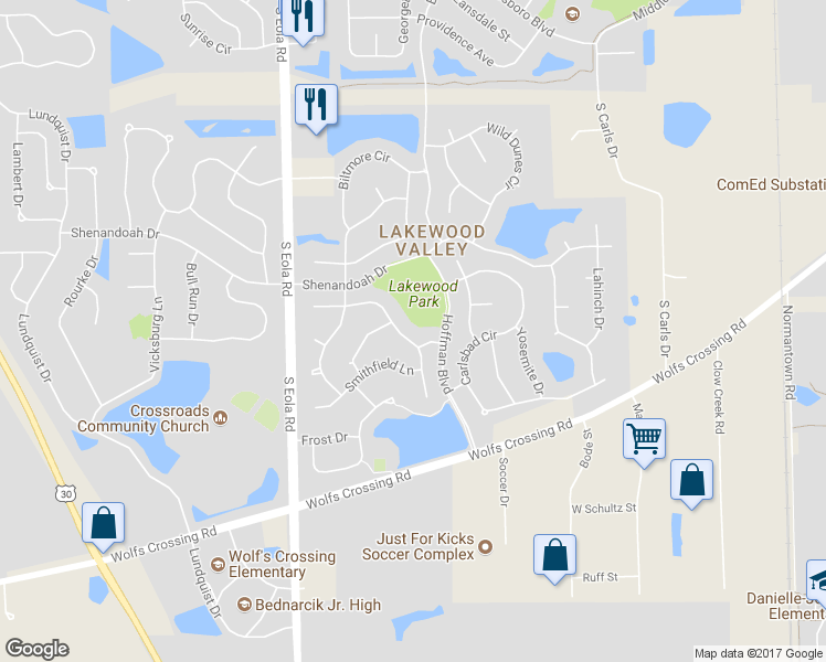 map of restaurants, bars, coffee shops, grocery stores, and more near 2752 Stuart Kaplan Drive in Aurora