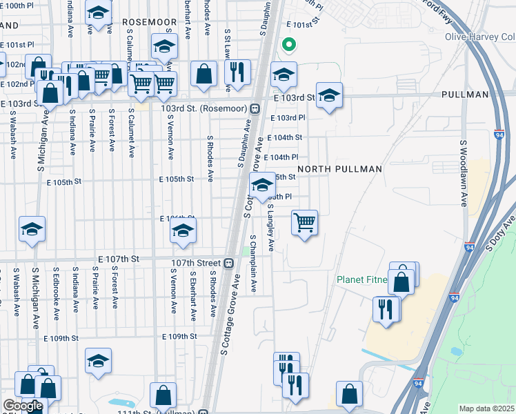 map of restaurants, bars, coffee shops, grocery stores, and more near 10525 South Cottage Grove Avenue in Chicago