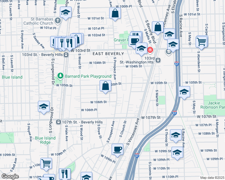 map of restaurants, bars, coffee shops, grocery stores, and more near 1629 West 105th Street in Chicago