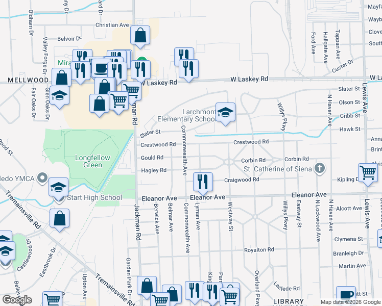 map of restaurants, bars, coffee shops, grocery stores, and more near 4649 Manorwood Road in Toledo