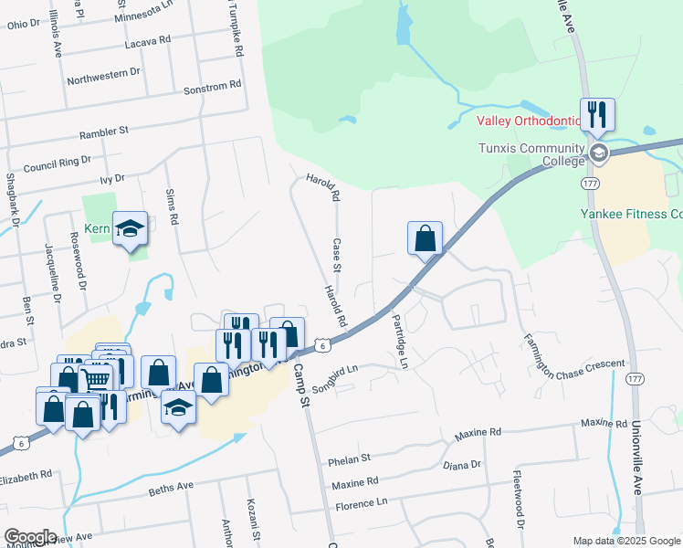 map of restaurants, bars, coffee shops, grocery stores, and more near 16 Case Street in Farmington