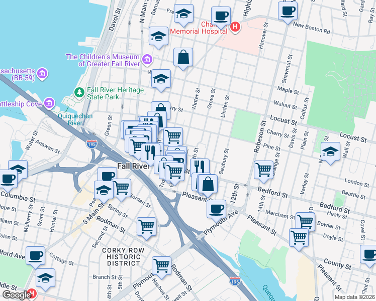map of restaurants, bars, coffee shops, grocery stores, and more near 222 Franklin Street in Fall River