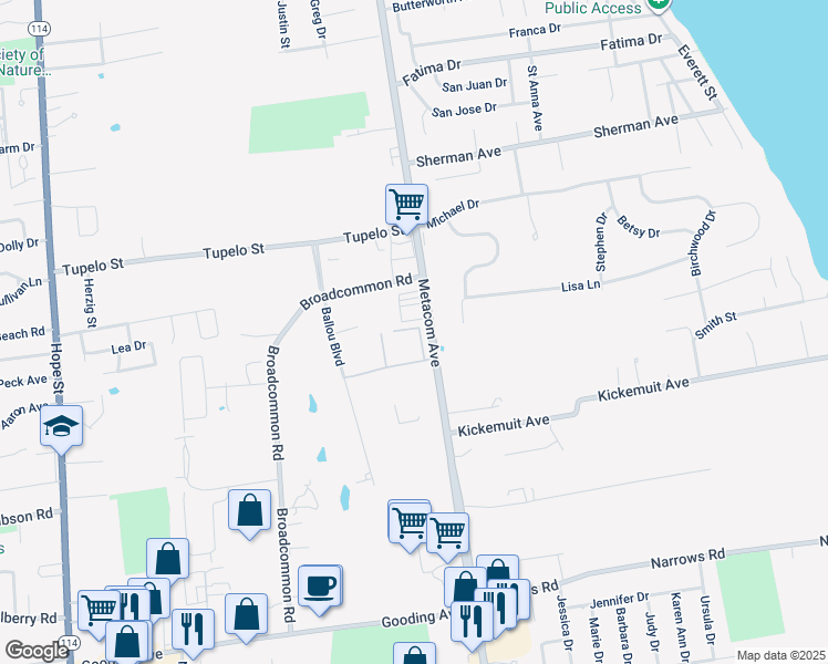 map of restaurants, bars, coffee shops, grocery stores, and more near 685 Metacom Avenue in Bristol