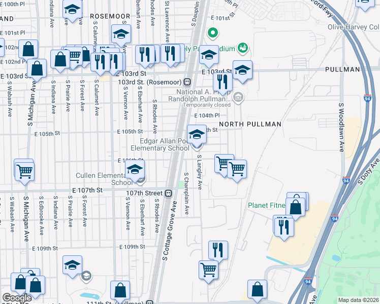 map of restaurants, bars, coffee shops, grocery stores, and more near 10525 South Cottage Grove Avenue in Chicago