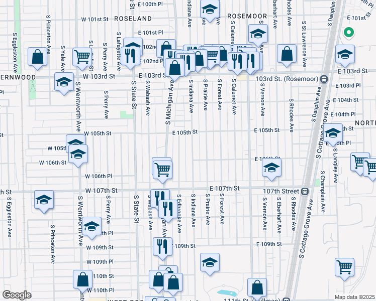 map of restaurants, bars, coffee shops, grocery stores, and more near 10515 South Edbrooke Avenue in Chicago