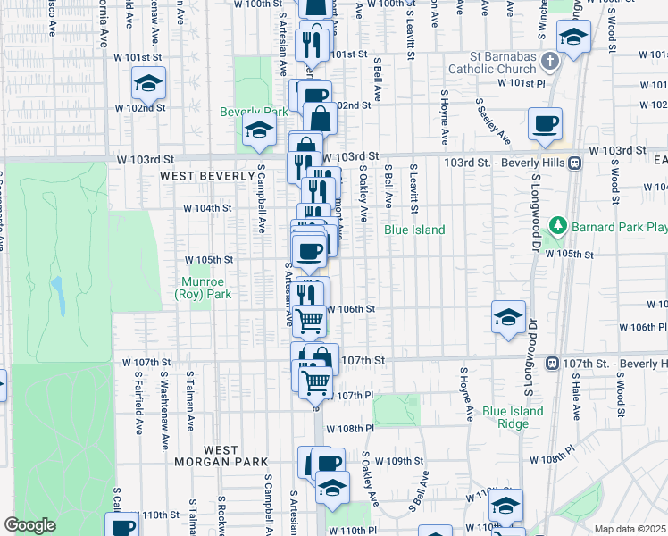 map of restaurants, bars, coffee shops, grocery stores, and more near 10433 South Western Avenue in Chicago