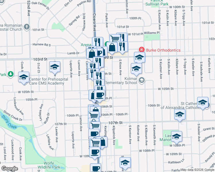 map of restaurants, bars, coffee shops, grocery stores, and more near 10416 Kilpatrick Avenue in Oak Lawn