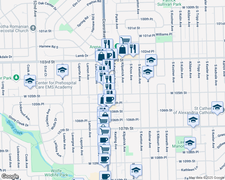 map of restaurants, bars, coffee shops, grocery stores, and more near 10419 South Cicero Avenue in Oak Lawn