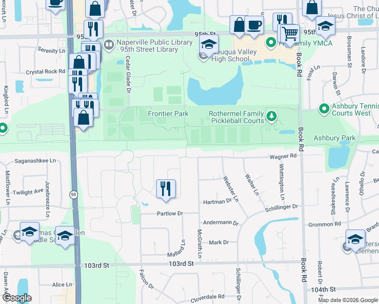 map of restaurants, bars, coffee shops, grocery stores, and more near 29W376 Wagner Road in Naperville