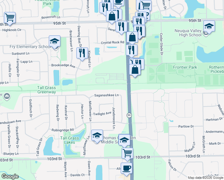 map of restaurants, bars, coffee shops, grocery stores, and more near 3045 Saganashkee Lane in Naperville