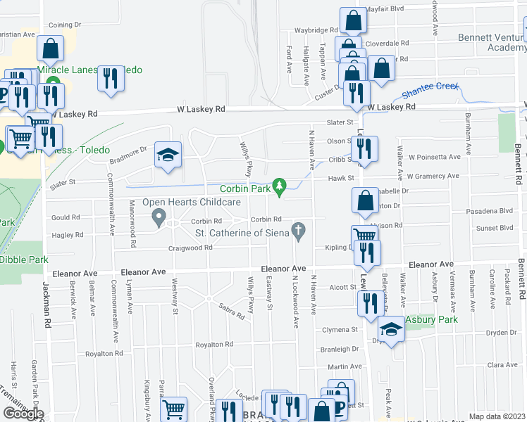 map of restaurants, bars, coffee shops, grocery stores, and more near 4611 Eastway Street in Toledo