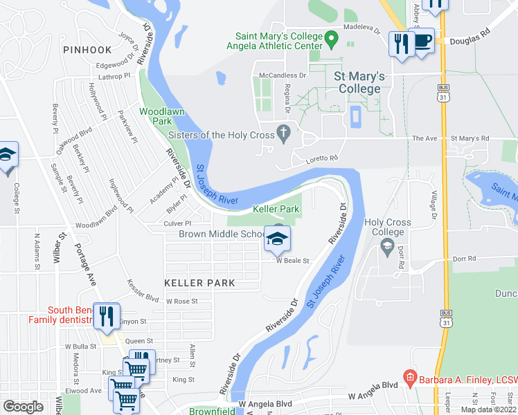 map of restaurants, bars, coffee shops, grocery stores, and more near 1858 Riverside Drive in South Bend