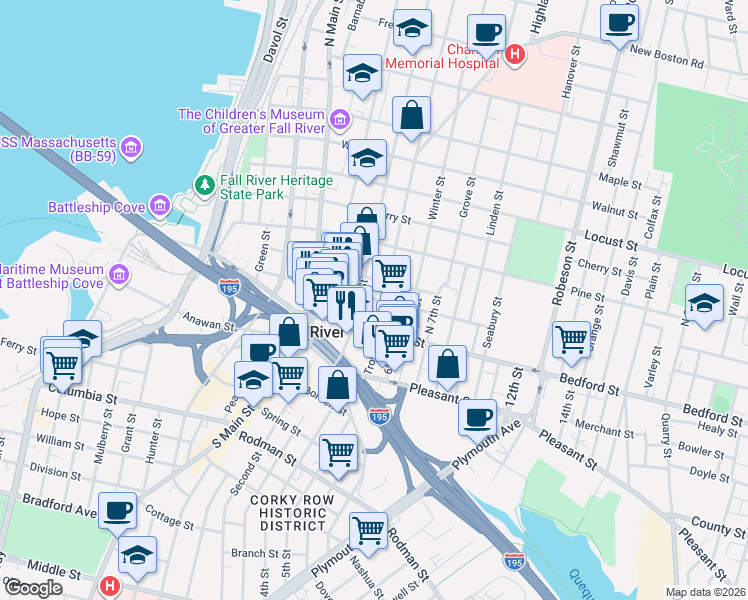 map of restaurants, bars, coffee shops, grocery stores, and more near 149 Franklin Street in Fall River