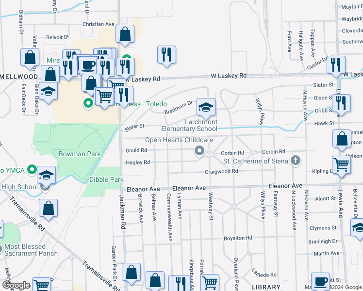 map of restaurants, bars, coffee shops, grocery stores, and more near 4636 Manorwood Road in Toledo