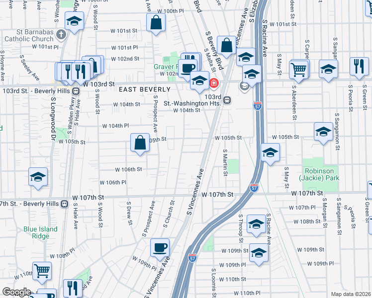 map of restaurants, bars, coffee shops, grocery stores, and more near 10523 South Church Street in Chicago