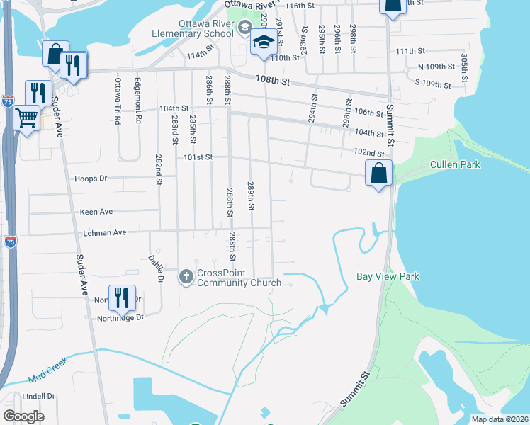 map of restaurants, bars, coffee shops, grocery stores, and more near 4438 289th Street in Toledo