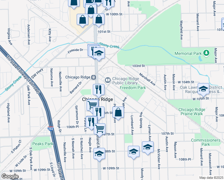 map of restaurants, bars, coffee shops, grocery stores, and more near 6309 Birmingham Street in Chicago Ridge