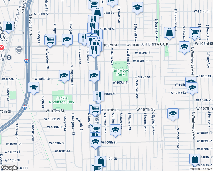 map of restaurants, bars, coffee shops, grocery stores, and more near 10527 South Emerald Avenue in Chicago