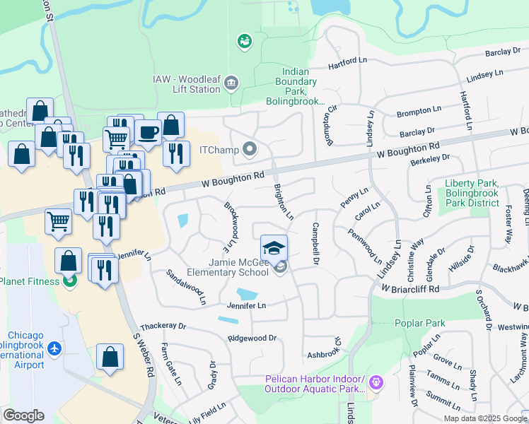 map of restaurants, bars, coffee shops, grocery stores, and more near 1082 Bothwell Lane in Bolingbrook
