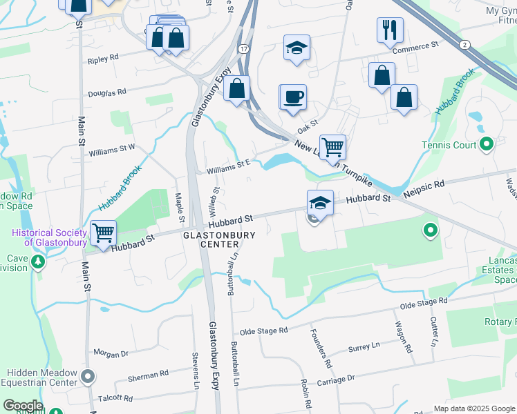 map of restaurants, bars, coffee shops, grocery stores, and more near 257 Hubbard Street in Glastonbury