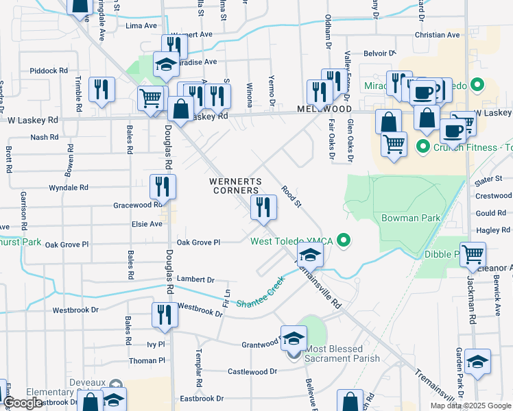 map of restaurants, bars, coffee shops, grocery stores, and more near 2285 Fitkin Street in Toledo