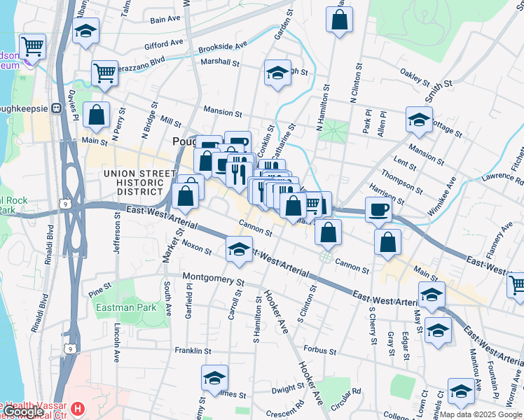 map of restaurants, bars, coffee shops, grocery stores, and more near 360 Main Street in Poughkeepsie