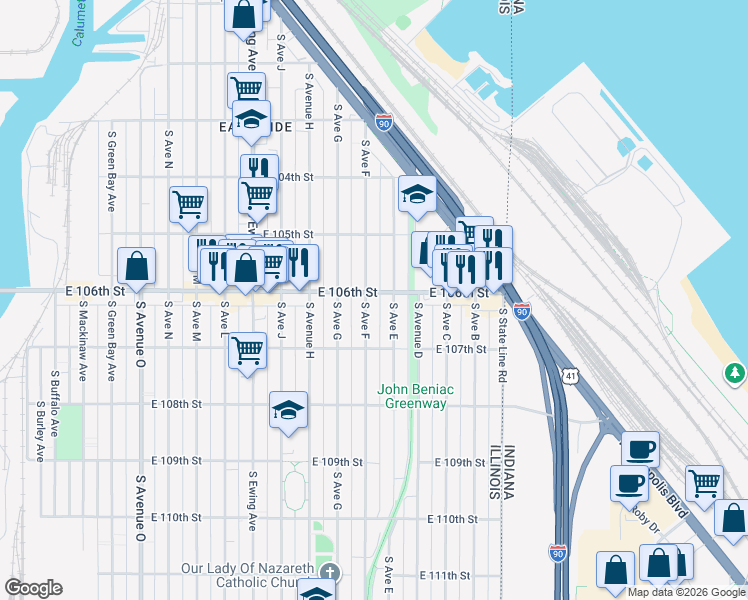 map of restaurants, bars, coffee shops, grocery stores, and more near 10552 South Avenue East in Chicago