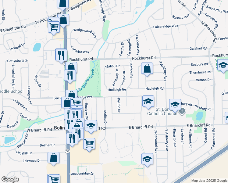 map of restaurants, bars, coffee shops, grocery stores, and more near 211 Hadleigh Road in Bolingbrook