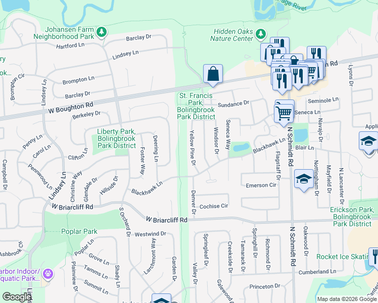 map of restaurants, bars, coffee shops, grocery stores, and more near 229 Yellow Pine Drive in Bolingbrook