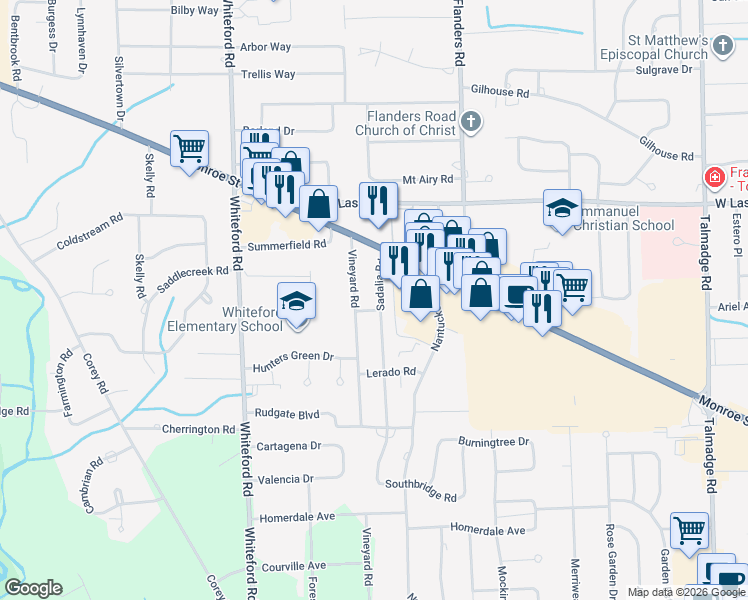 map of restaurants, bars, coffee shops, grocery stores, and more near 4809 Sadalia Road in Toledo