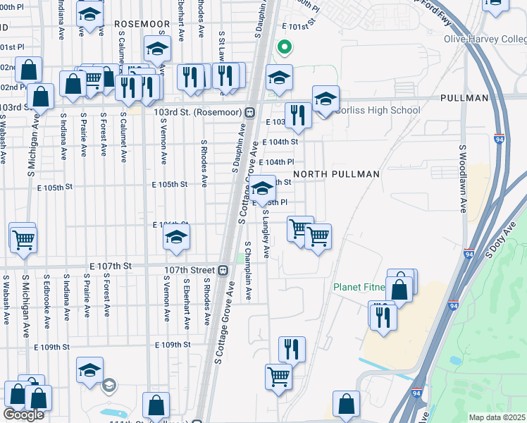 map of restaurants, bars, coffee shops, grocery stores, and more near 10538 South Langley Avenue in Chicago
