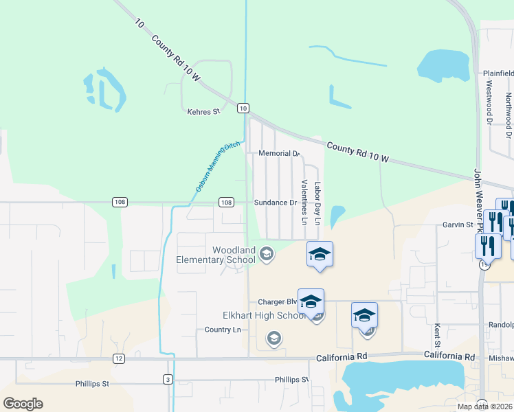 map of restaurants, bars, coffee shops, grocery stores, and more near 1350 County Road 3 in Elkhart